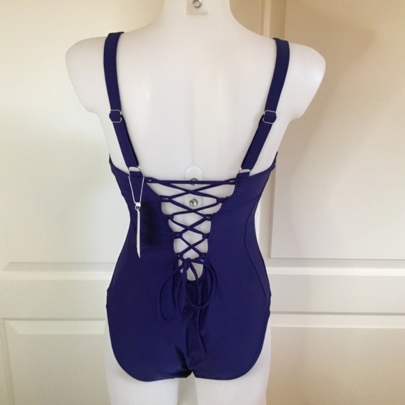 Women's V Neck Lace Up Back One Piece Bathing Suit - Picture 4 of 7